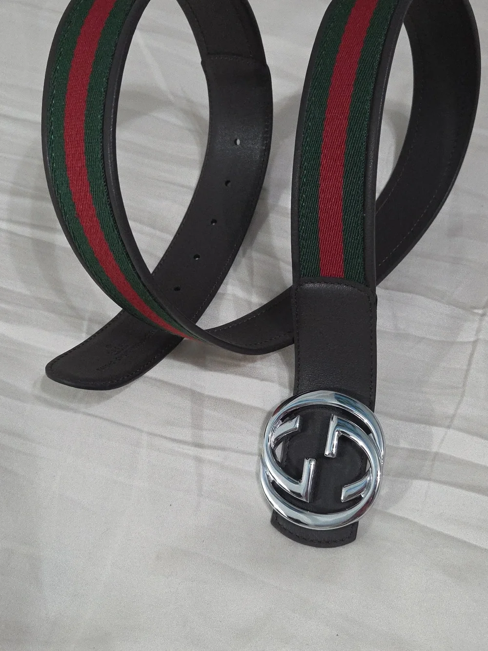 Gucci Green Red Reversible Belt with Silver Double G Buckle